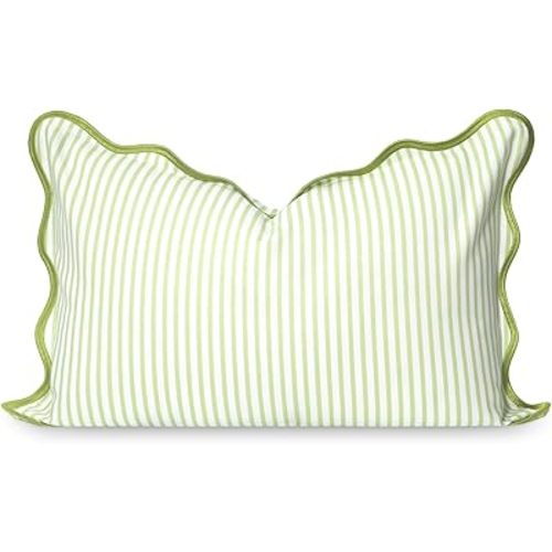 Hofdeco Premium Coastal Patio Indoor Outdoor Scalloped Lumbar Pillow Cover Only, 12"x20" Water Repellent for Backyard, Couch, Green Print Stripes
