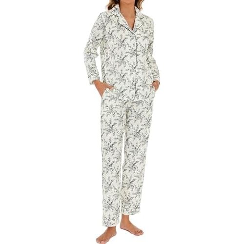 LUBOT 100% Cotton Pajamas for Women 2 Piece PJ Set Woven Poplin Ladies Button Down Long Short Sleeve Printed Sleepwear S-XXL