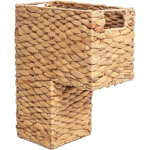 YAHUAN Stair Basket with Handles, Woven Water Hyacinth Stair Baskets for Carpeted Stairs, Stair Storage Basket Staircase Basket for Wooden Stairs (Water Hyacinth)