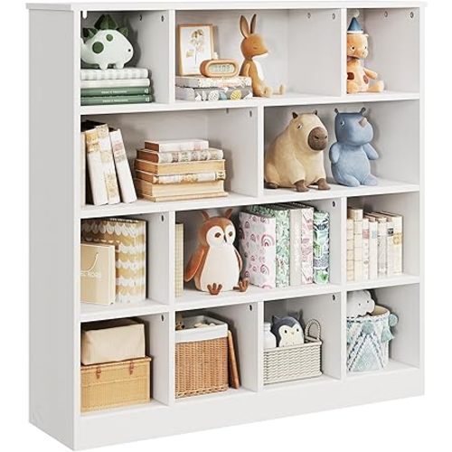 IRONCK Bookcase Cube Storage Organizer White Book Shelf, Wooden 4-Tier Floor Standing Open Cubby Shelves for Home and Office, 12 Cubes Bookshelf, White