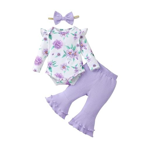 SUNNY PIGGY Baby Girl Clothes Newborn Infant Outfits Ruffle Long Sleeve Romper Pants Set with Headband