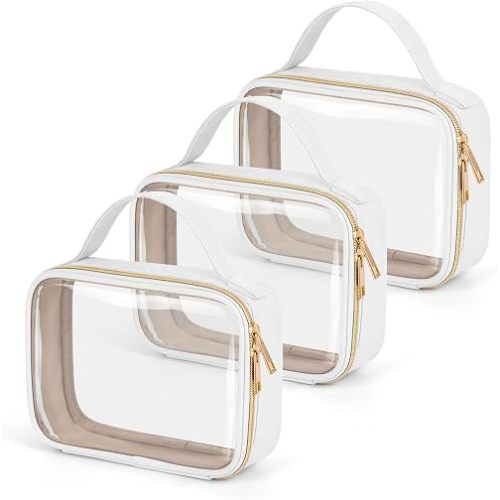 Wedama TSA Approved Toiletry Bag, 3 Pack Clear Makeup Bags with Handles, Quart Size PVC Clear Cosmetic Bags for Women and Men, Carry on Airport Airline Compliant Bag, White