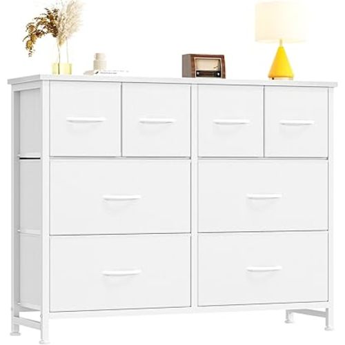 DUMOS Dresser for Bedroom with 8 Fabric Drawers, Wide Fabric Dresser for Closet, Storage Tower with Wood Top and Mental Frame, Storage Unit for Living Room,Hallway, Entryway, White