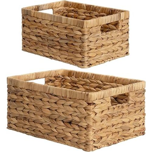 StorageWorks Wicker Storage Baskets, Large and Small Baskets, Handwoven Water Hyacinth Basket for Organizing, Decorative Organizers with Built-in Handles, Set of 2