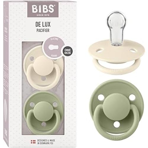 BIBS Pacifiers - De Lux Collection | BPA-Free Round Nipple | Silicone | Made in Denmark | Set of 2 Ivory/Sage Color Premium Soothers | Size One Size