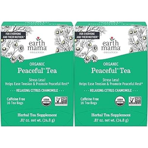 Earth Mama Organic Peaceful™ Tea | Stress Less! Calming, Relaxing Herbal Blend Safe for Pregnancy & Beyond, 16 Teabags Per Box (2-Pack)