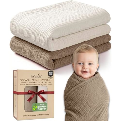 OEKO TEX 100% Organic Cotton 2 PK Baby Muslin Throw Blanket Unisex 47x47 In