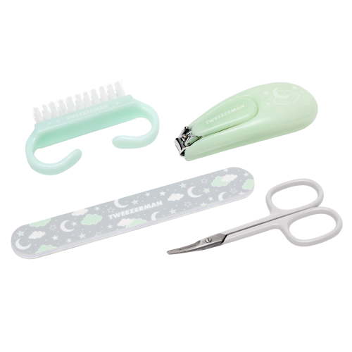 Tweezerman Baby Manicure Kit, 4 in 1 Green Baby Nailcare Set Includes Nail Clipper, File, Brush and Scissor