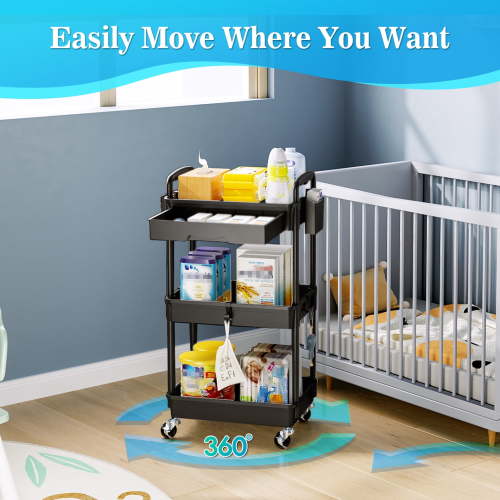 3 Tier Rolling Utility Cart with Removable Drawer, Bathroom Storage Organizer with 2 Lockable Wheels, Mobile Shelving Unit for Kitchen, Office, Snack, Craft, Makeup, Baby Essentials, Black