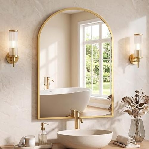 NEWBULIG 22X30 Inch Arched Bathroom Wall Mirror for Over Sink, Gold