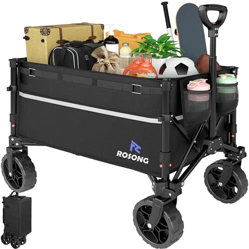 ROSONG Collapsible Wagon Cart with Wheels Foldable - Folding Utility Heavy Duty Wagons Carts for Grocery Sports Garden Shopping Camping Wheelbarrows (Black, 120L)