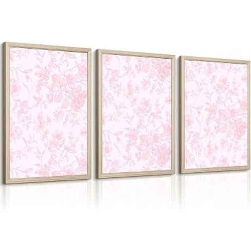 Pink Floral Wall Art Nursery Flower Canvas Wall Decor Baby Girl Wildflower Pictures Aesthetic Striped Botanical Poster Prints Pink Green Floral Painting Artwork for Girl Room 12x16 Inch Framed 3Pcs