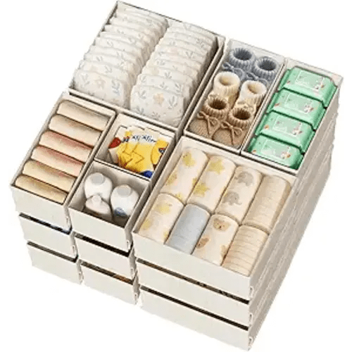Cotton Linen Drawer Organizers for Baby Clothes, 20Pack Multi-Size Nursery Dresser Dividers for Clothes, Premium Foldable Storage Bins for Bedroom, Closet and Diaper Table, Beige