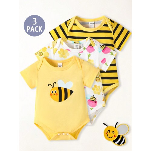 SHEIN Playful Pals 3pcs/Set Unisex Baby Girls & Boys Cute Cartoon Insect & Floral Striped Print Short Sleeve Bodysuit, Suitable For Spring/Summer Outings, Photography Or Everyday Wear | SHEIN USA