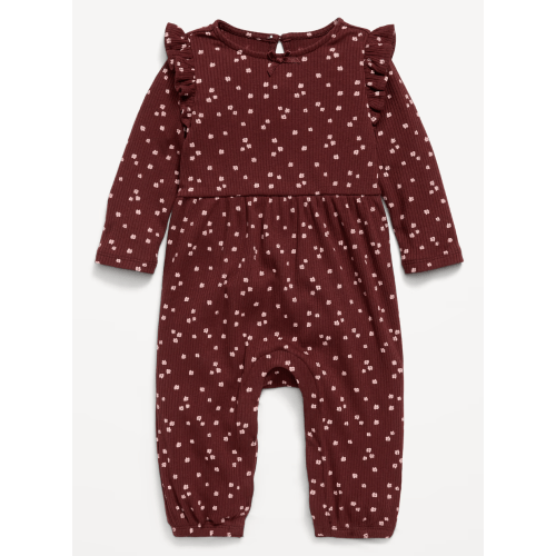 Printed Long-Sleeve Ribbed Ruffle-Trim Jumpsuit for Baby