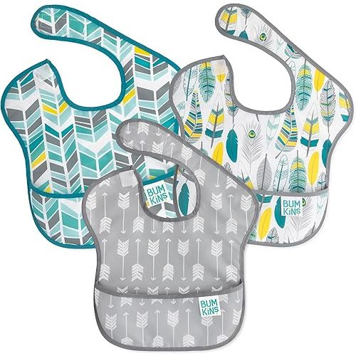 Bumkins Bibs for Girl or Boy, SuperBib Baby and Toddler for 6-24 Months, Essential Must Have for Eating, Feeding, Baby Led Weaning Supplies, Mess Saving Catch Food, 3-pk Feathers, Arrows and Quill