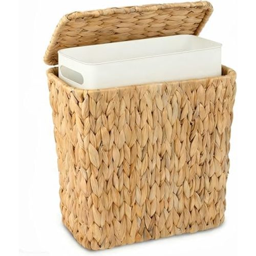 Wicker Trash Can,2.5 Gallon Bathroom Trash Can with Lid,Natural Water Hyacinth Wicker Waste Basket with Removable Liner, for Bedroom, Toilet, Narrow Spaces
