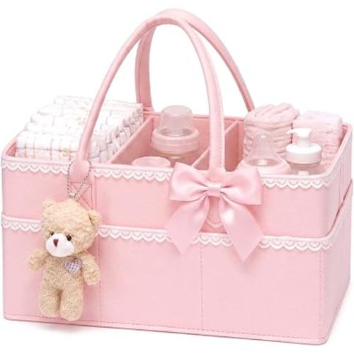 Pink Bow Diaper Caddy Organizer with Plush Bear