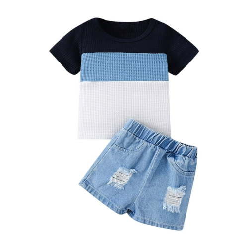 TAIAOJING Boys And Girls Baby Color Matching T Shirt Ripped Denim Suit Is Suitable For Babies Of 0 To 24 Months For 12-18 Months
