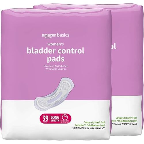 Amazon Basics Incontinence Pads for Women Long, Bladder Control, Postpartum, Maximum Absorbency, Unscented, 78 Count (2 Packs of 39)