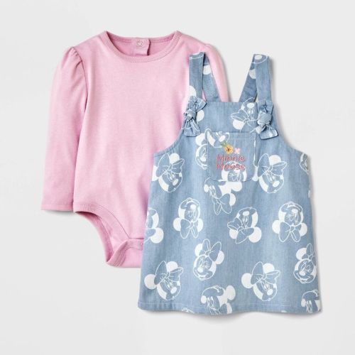 Baby Girls' 2pc Disney Minnie Mouse Long Sleeve Bodysuit & Chambray Dress Set - Light Blue/Pink