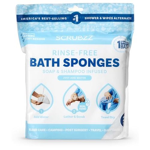 Scrubzz Disposable Rinse Free Bathing Wipes - 25 Pack - All-in-1 Single Use Shower Wipes, Simply Dampen, Lather, and Dry Without Shampoo or Rinsing