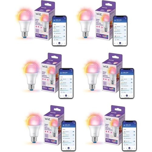 WiZ LED Smart Light Bulbs, Sunset to Sunrise Automation + Motion Detection + Control with Voice or App, Full Color A19 60W 800LM E26 Indoor, Matter Compatible - 6 Pack