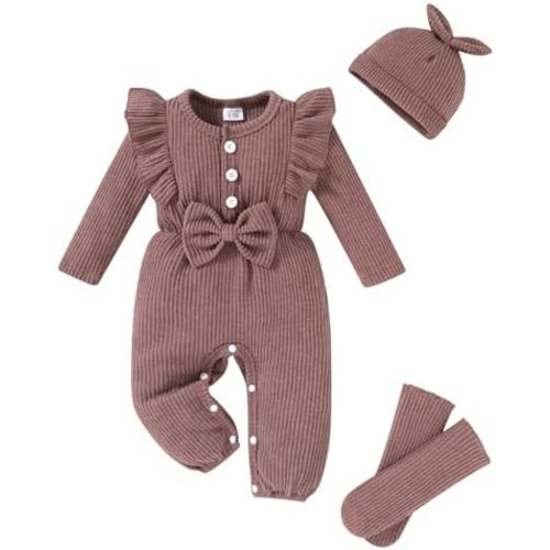 YOUNGER TREE Baby Girl Clothes Newborn Infant Ruffle Romper Long Sleeve Sweater Jumpsuit Hat Socks Toddler Fall Winter Outfit