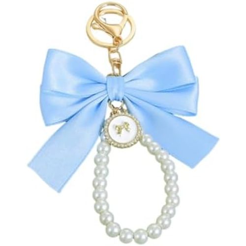 Bow Knot Pearl Keychain, Satin Ribbon Bow Key Ring Rhinestone Pendant, Bag Charm for Women