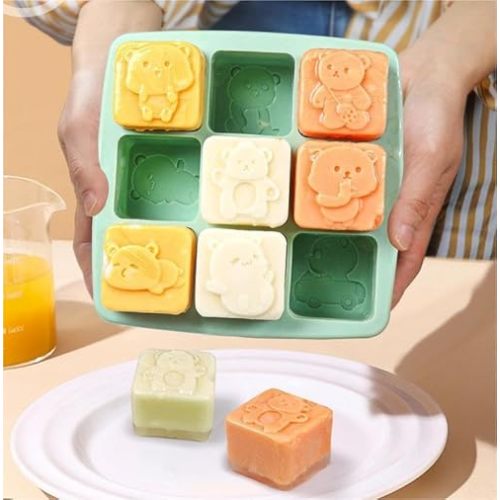 Silicone Ice Cube Tray for Freezer, Cute Bear-themed Baby Food Freezer Tray with Lid BPA-Free Perfect for Homemade Baby Food, Vegetables, Fruit Purees and Breast Milk (9 slots each 1 ounce)