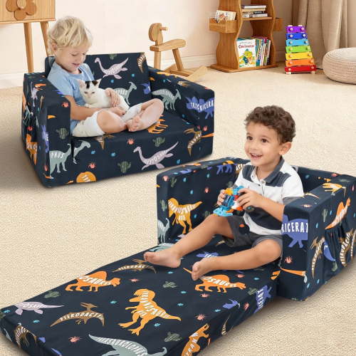 Beavtaens Toddler Sofa, 2-in-1 Dinosaur Flip Open Toddler Couch, with Side Pocket, for Ages 18 Months+
