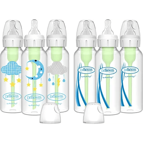 Dr. Brown’s Natural Flow® Anti-Colic Options+™ Narrow Baby Bottles 8 oz/250 mL, with Level 1 Slow Flow Nipple, 6 Pack, 0m+ Moon/Clouds Gift Set