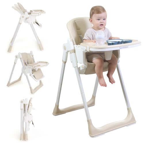 Sunchildor 3 in 1 Baby High Chair with Wheels, Adjustable 5 Point Harness, Tray, Foot Rest, Backrest and Seat Height, Foldable High Chair for Toddlers, Beige
