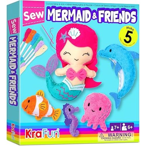 KRAFUN Mermaid Sea Animals Beginner Sewing Kit for Kids Art & Craft kit, Includes 5 Soft Plush Dolls, Instructions & Felt Materials for Learn to Sew, Embroidery Skills, Gift for Girls Educational