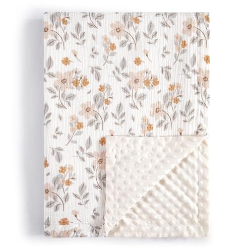 TILLYOU Baby Blankets for Girls Boys, Receiving Baby Blanket with Double Layer Soft Plush, Minky Muslin Cotton Front and Dotted Backing 30"x40", Yellow Flower