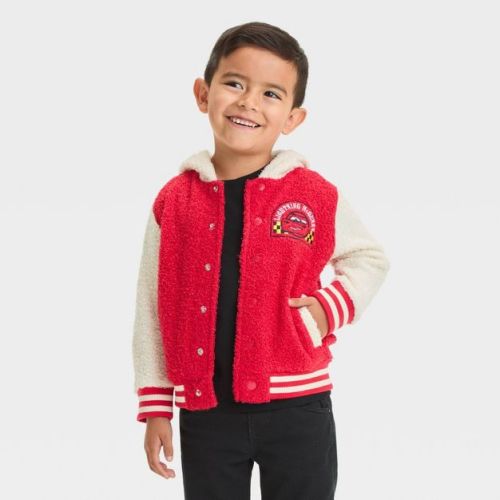 Toddler Boys' Disney Cars Lightning Mcqueen Racing Collection Faux Shearling Cozy Hoodie Button-down Jacket - Red