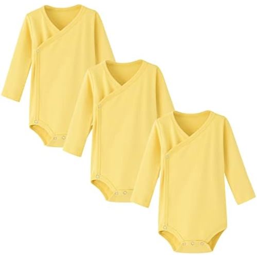 ACESTAR Baby Boy Girl Side Snap Bodysuits - 100% Cotton Plain Long Sleeve Baby Kimono for Newborn-12 Months, 3 Pack