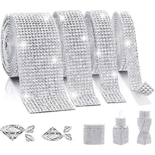 Rhinestone Ribbon Self Adhesive, 4-Yard Bedazzling Strips, 4-Rolls Rhinestone Strips for DIY Craft, Rhinestones for Crafting, Home Decor and Special Events, 4/6/8/14 Rows Transparent Crystal