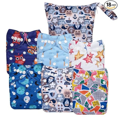 ALVA 6 Pack Cloth Diaper with 12 Inserts One Size Adjustable Washable Reusable Diaper Cover for Baby Girls and Boys