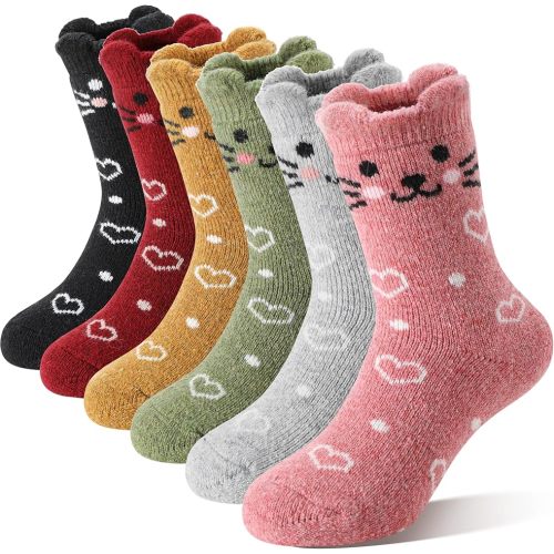 Kids Girls Toddlers Merino Wool Cat Socks Thermal Winter Warm Thick Cozy Cute Funny Crew Socks 6 Pairs