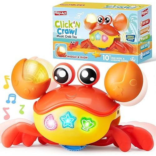 Play-Act Crawling Crab Baby Toy, Interactive Musical Crab with Intelligent Sensor & Auto-Avoiding Obstacles, Tummy Time Toy with Lights and Buttons, Gift for Toddlers Learning to Crawl