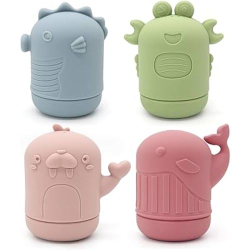 PandaEar 4 Pack Silicone Baby Bath Toys, Ocean Animals Bathtub Toys for Toddlers Infant, Swimming Shower Bath Tub Toys for Boys and Girls, Non Toxic