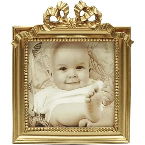 Vintage Picture Frames 3.5x3.5 Ornate Wallet Size Square Small Gold Picture Frames for Tabletop and Wall Mount Retro Home Decor Antique Wall Decor with Embossed Bead and Bow