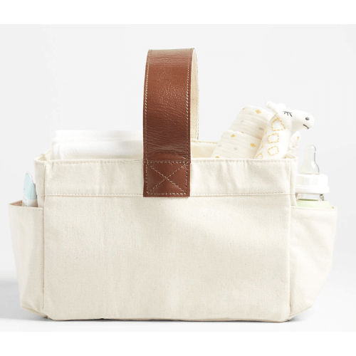 Canvas Diaper Caddy Organizer with Brown Leather Handle