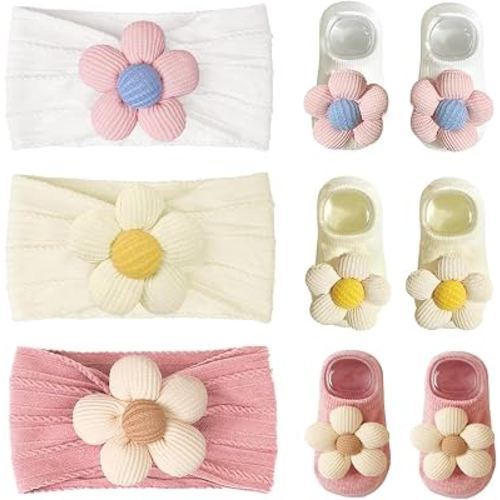 Baby Girl Headband and Socks, Non-Slip Floral Socks and Soft Floral Nylon Hairbands for Babies Infants and Toddlers