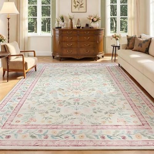 Garvee Area Rug 8x10 for Living Room, Washable Floral Low Pile Rug, Soft Non Slip Carpet for Living Room, Bedroom, Dining Room, Pink