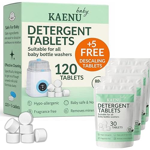 Bottle Washer Detergent Tablets -120 PCS & 5 Free Descaling Tablets - Compatible with all Baby Bottle Washers, Baby Brezza, Momcozy & Grownsy - Removes Milk Residue & Odor from Bottles & Pump Parts