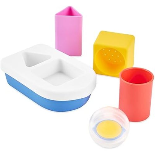 Skip Hop Baby Bath Toy STEM Learning & Play Stacking Boat 6-piece Set Bathtub Sensory Development Toy with Sprinkle Effects & Floating Pieces Age 6m+