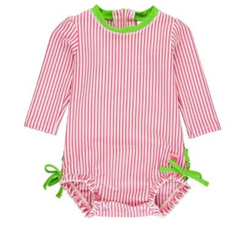 RuffleButts Infant Seersucker Long Sleeve One Piece Rash Guard - Coral, Size: 3-6m