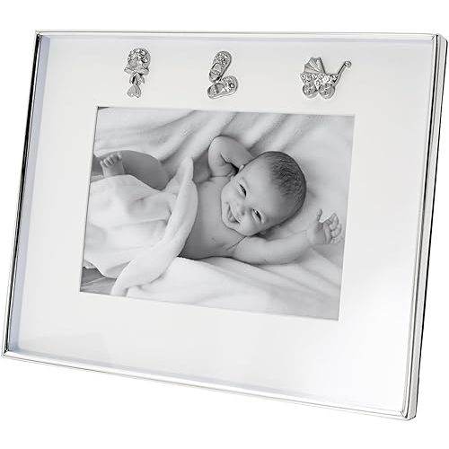 Happy Homewares Modern Baby Picture Frame in Silver Plating with Pram Booties and Rattle Icons with Clear Diamante Crystals | 5x7 Photograph
